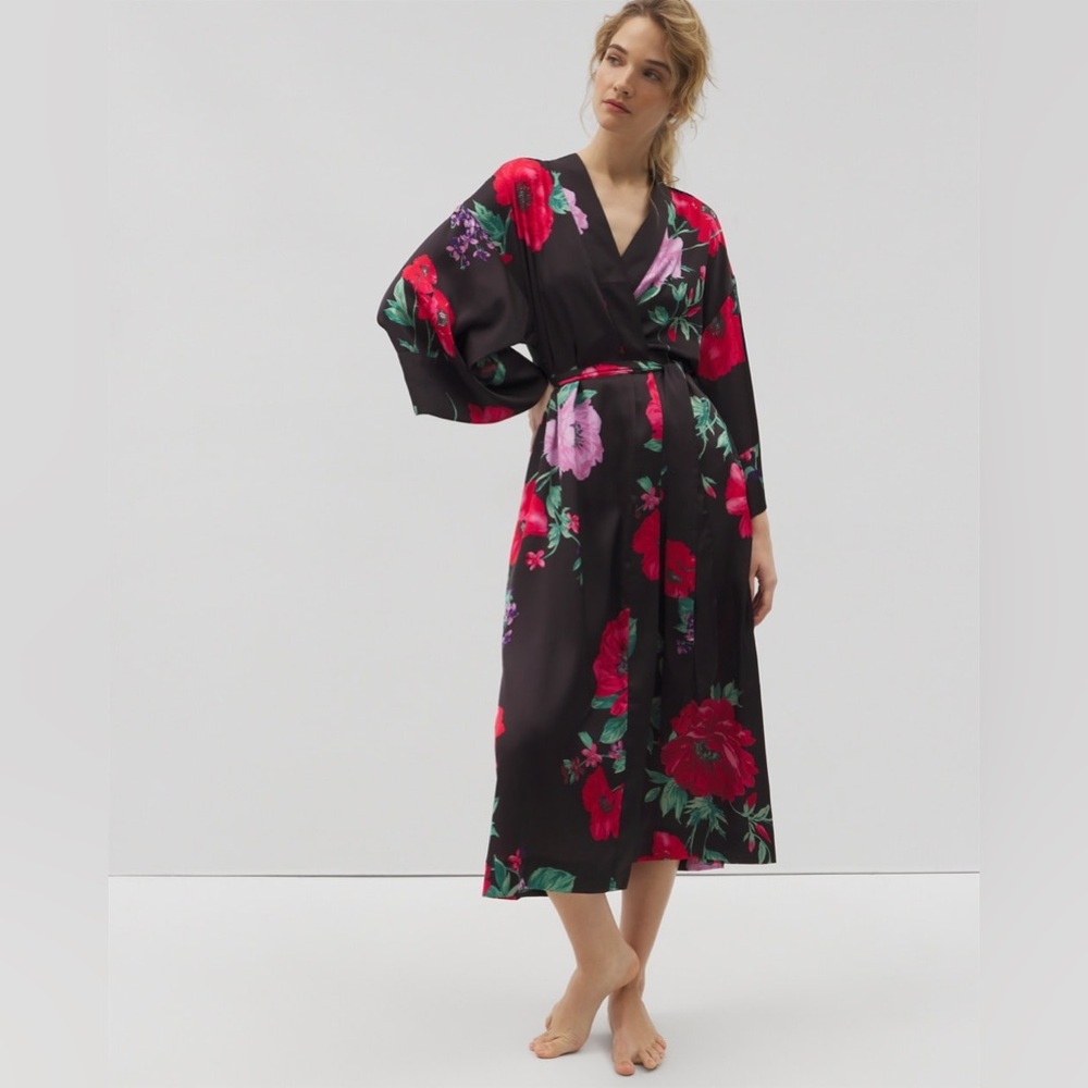 Soma Black Floral Satin Robe with Red & Pink Blooms